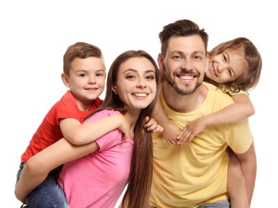 Portrait of happy family with children on white background
